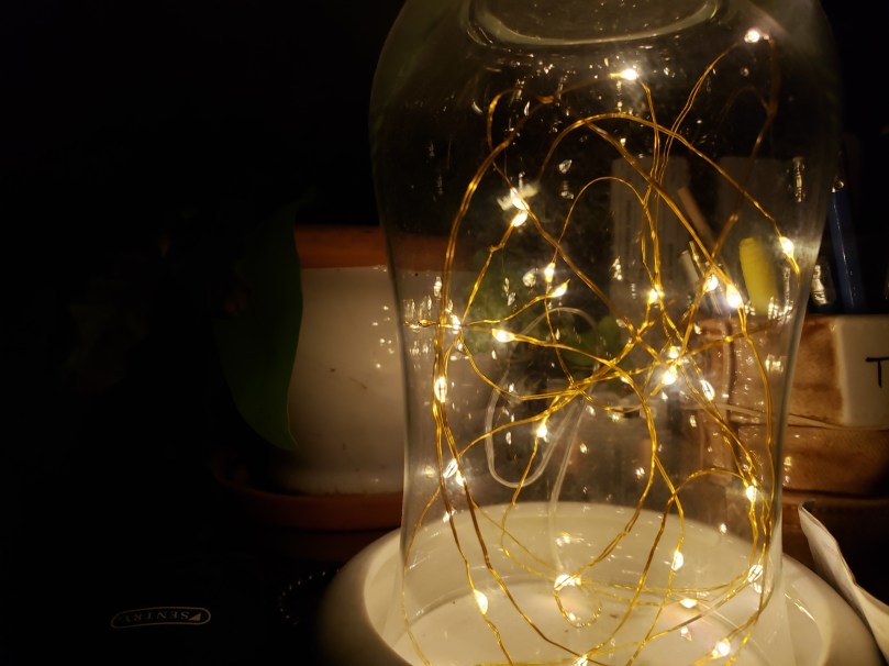 A tangle of glowing warm white fairy lights on gold-tone wire, trapped under an upturned glass vase, resting on a white porcelain dish.
